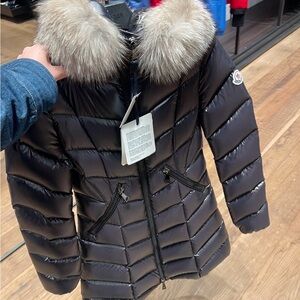 Moncler Black Fulmarus Coat with fox Fur Collar